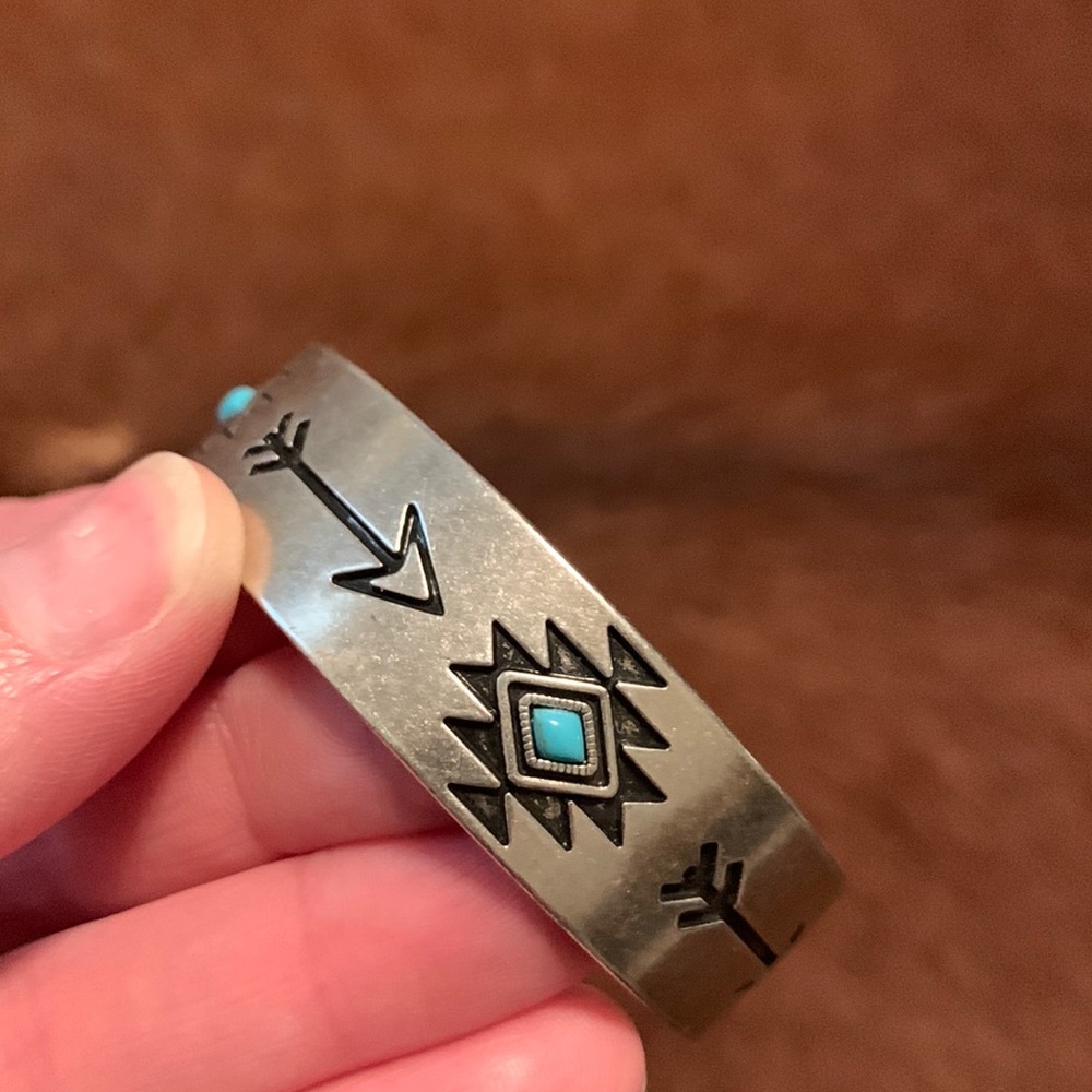 Aztec cuff bracelet. Adjustable. Silver with turquoise accents.